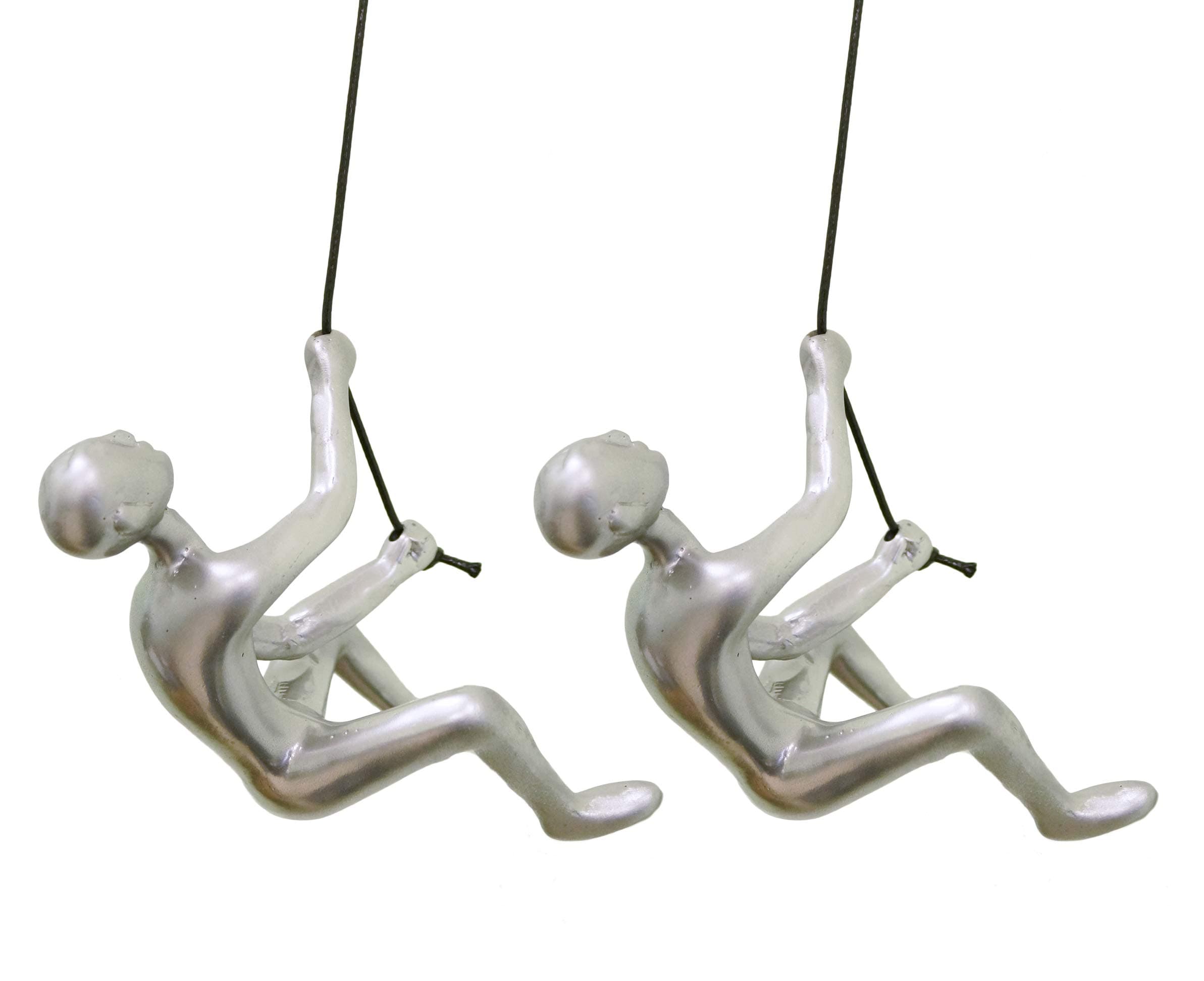 Climbing Man Wall Art for Home Decor with 30” Leather Rope | Polyresin Statues and Sculptures with Hanging Hardware Included for Modern Wall Decor and Motivational Art, Silver, Set of 2