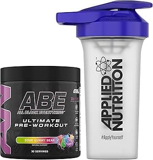 Bundle ABE Pre Workout 375g + 700ml Protein Shaker | All Black Everything Pre Workout Powder, Energy & Physical Performance with Creatine, Beta Alanine (Sour Gummy Bear)