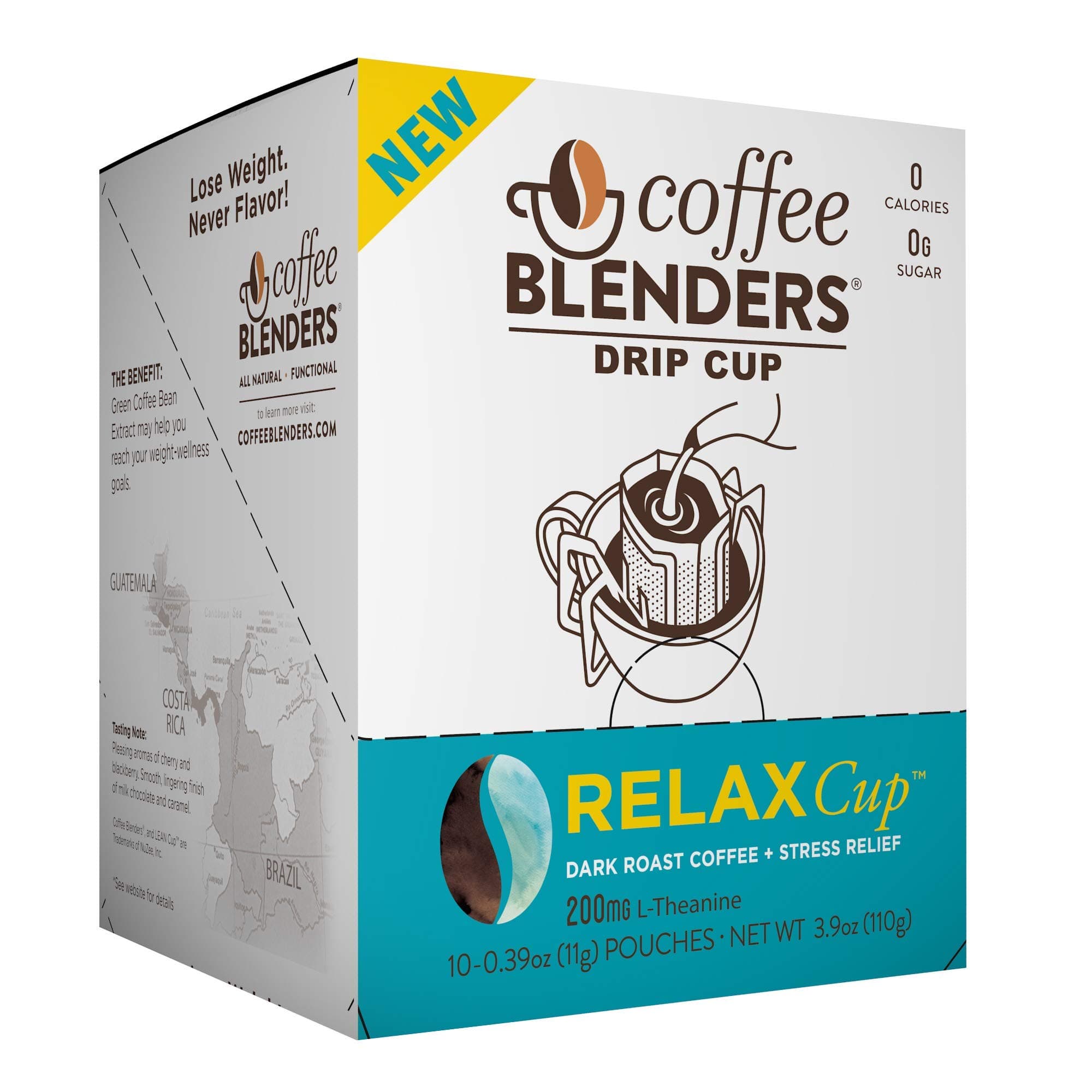 Coffee Blenders Functional Relax Drip Cups 100% Arabica Coffee Infused with L-theanine for Stress and Anxiety Reduction, Promotion of Healthy Sleep Patterns, and Mood Elevation 10 count per box