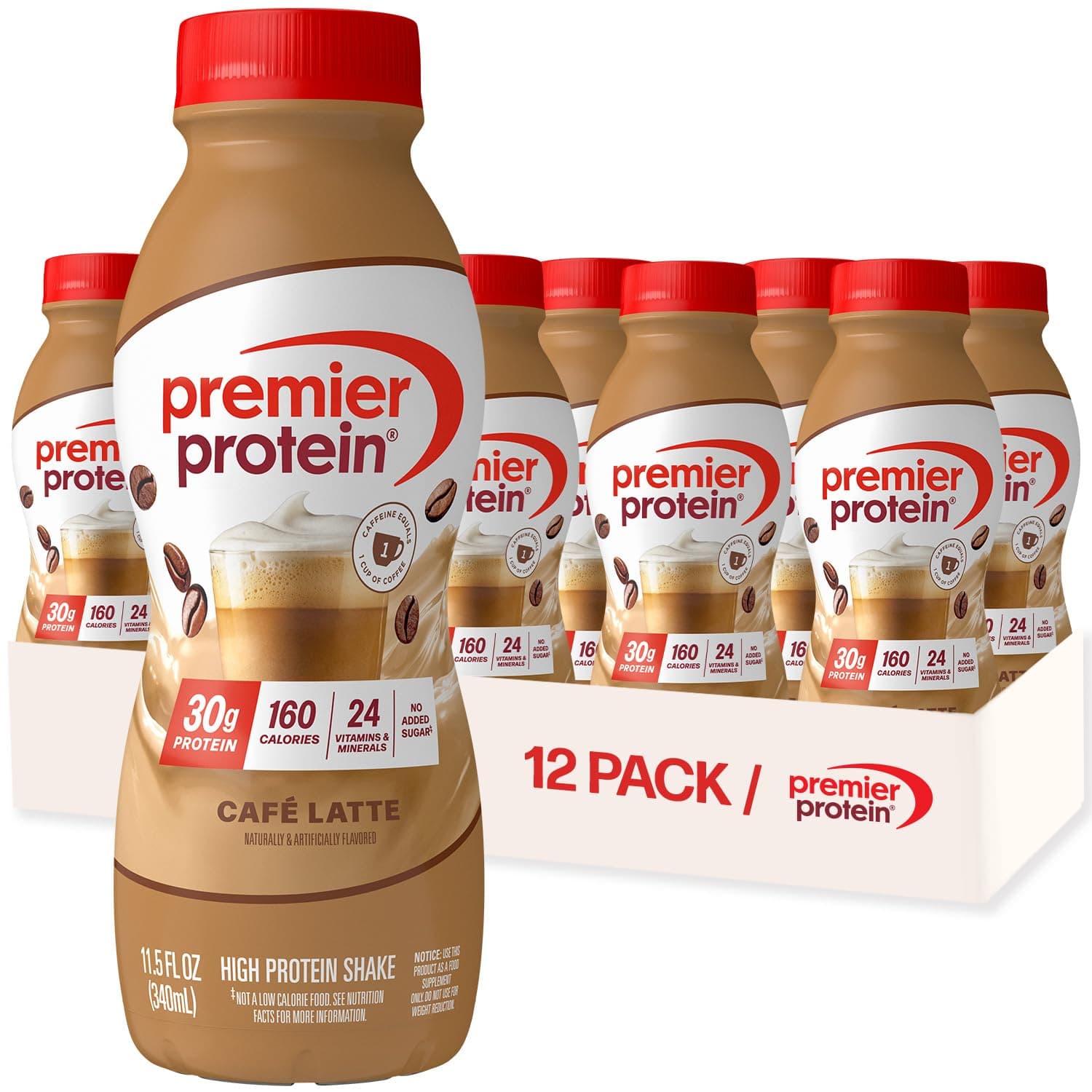 Premier Protein Shake, Café Latte, 30g Protein, No Added Sugar, 24 Vitamins & Minerals to Support Immune Health, 11.5 fl oz, 12 Pack