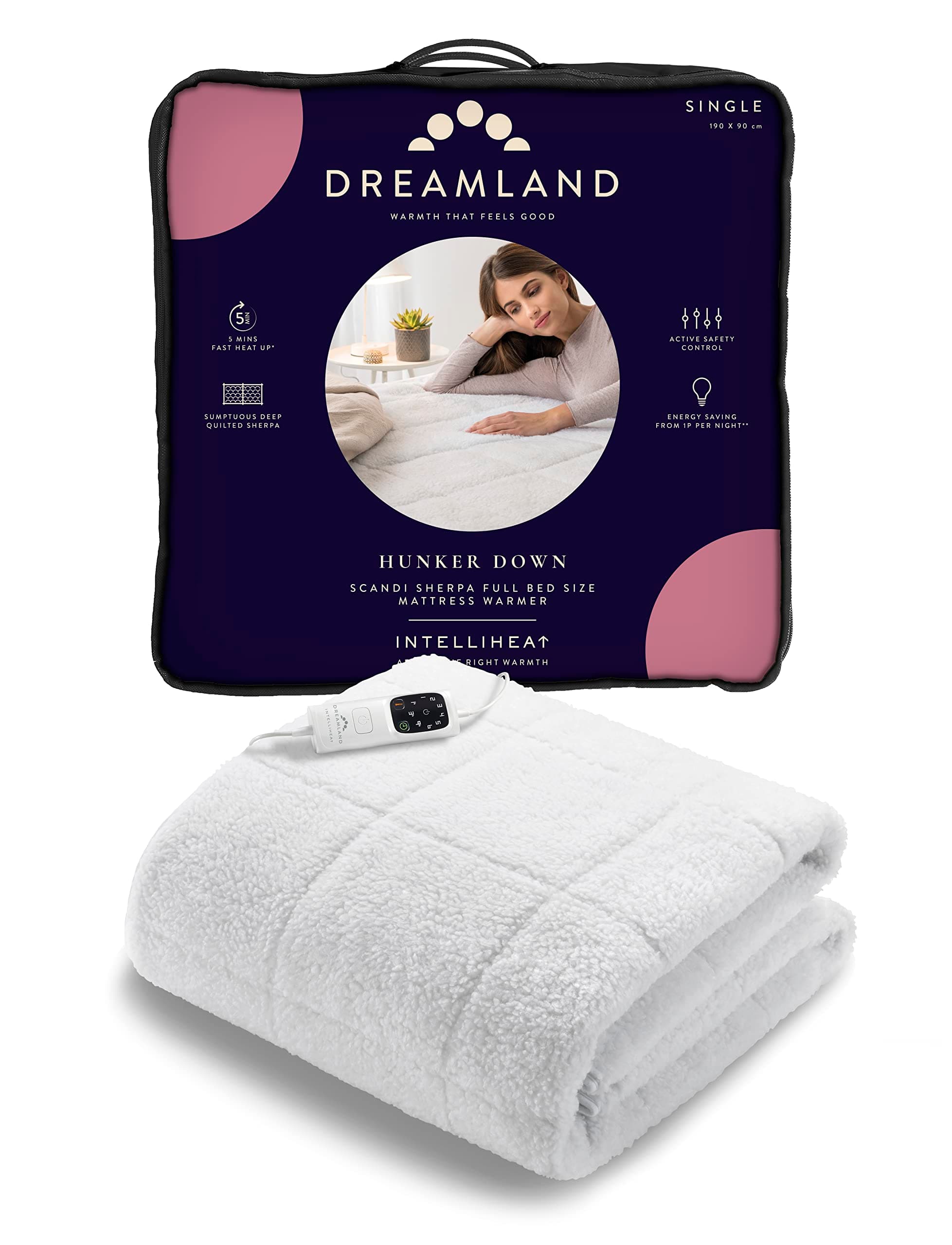 Dreamland Hunker Down Electric Blanket, Single Size, Scandi Sherpa, Fast Heat Up, Premium Heated Electric Fitted Underblanket, 6 Heat Settings, Easy Fit Straps, Machine Washable, Timer, 190 x 90 cm