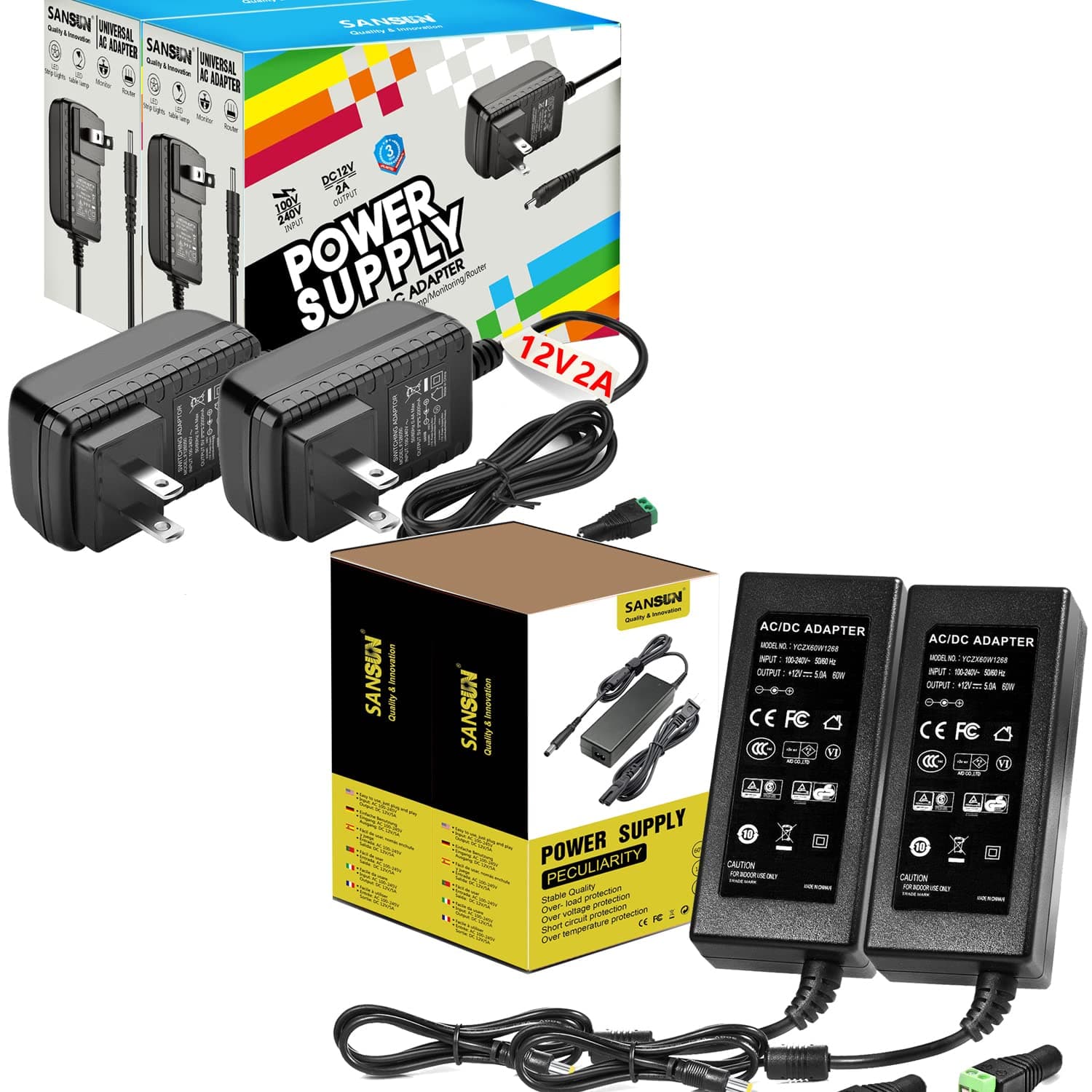 SANSUN12V DC Power Supply, 12 Volt Power Supply for LED Strip Lights, Bundle with 2set 2A 24W and 2set 5A 60W Adaptor