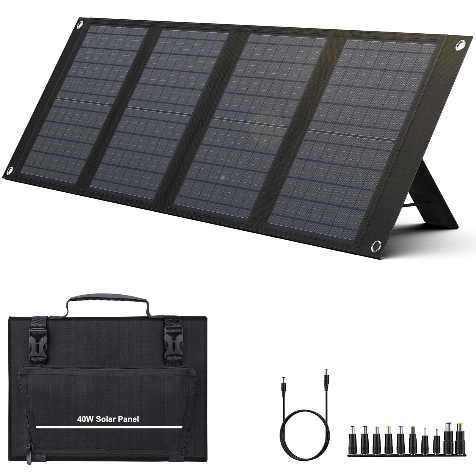 40 Watt Portable Solar Panel for 100W~200W Portable Power Station, Foldable Solar Charger with 12-15V DC Output (11 Connectors) and Adjustable Kickstand,USB QC3.0 Port for Camping Hiking Van RV Trip