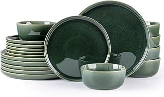 Ceramic Dinnerware Sets for 6, 18 Pieces Stoneware Plates and Bowls Sets, Reactive Glaze Dishes -Scratch Resistant, Dishwasher&Microwave Safe, Earth Green