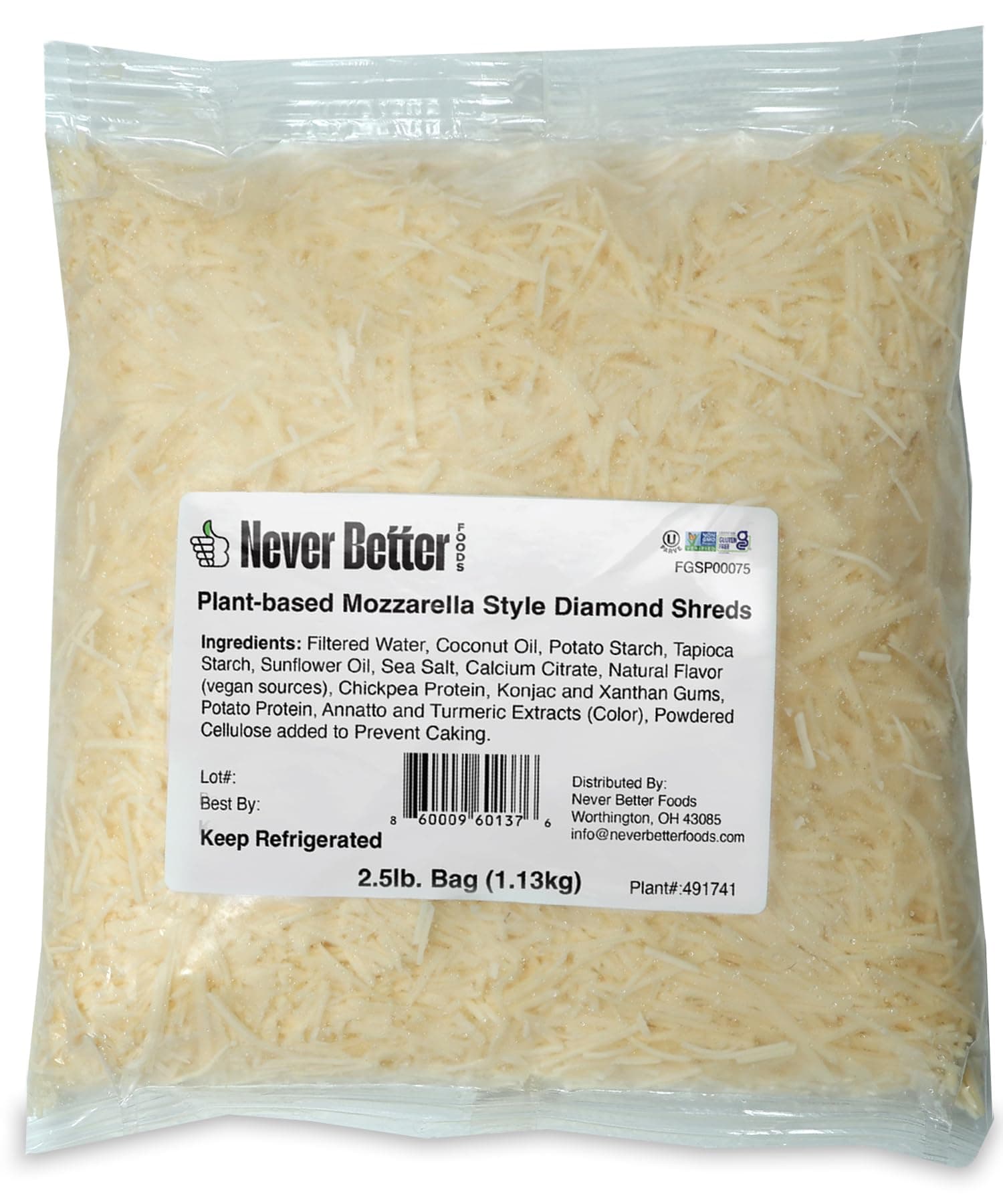 Never Better Foods Plant-Based Shredded Mozzarella Cheese – Dairy-Free, Allergen-Free, 2.5 lb Bulk Bag (40 oz)
