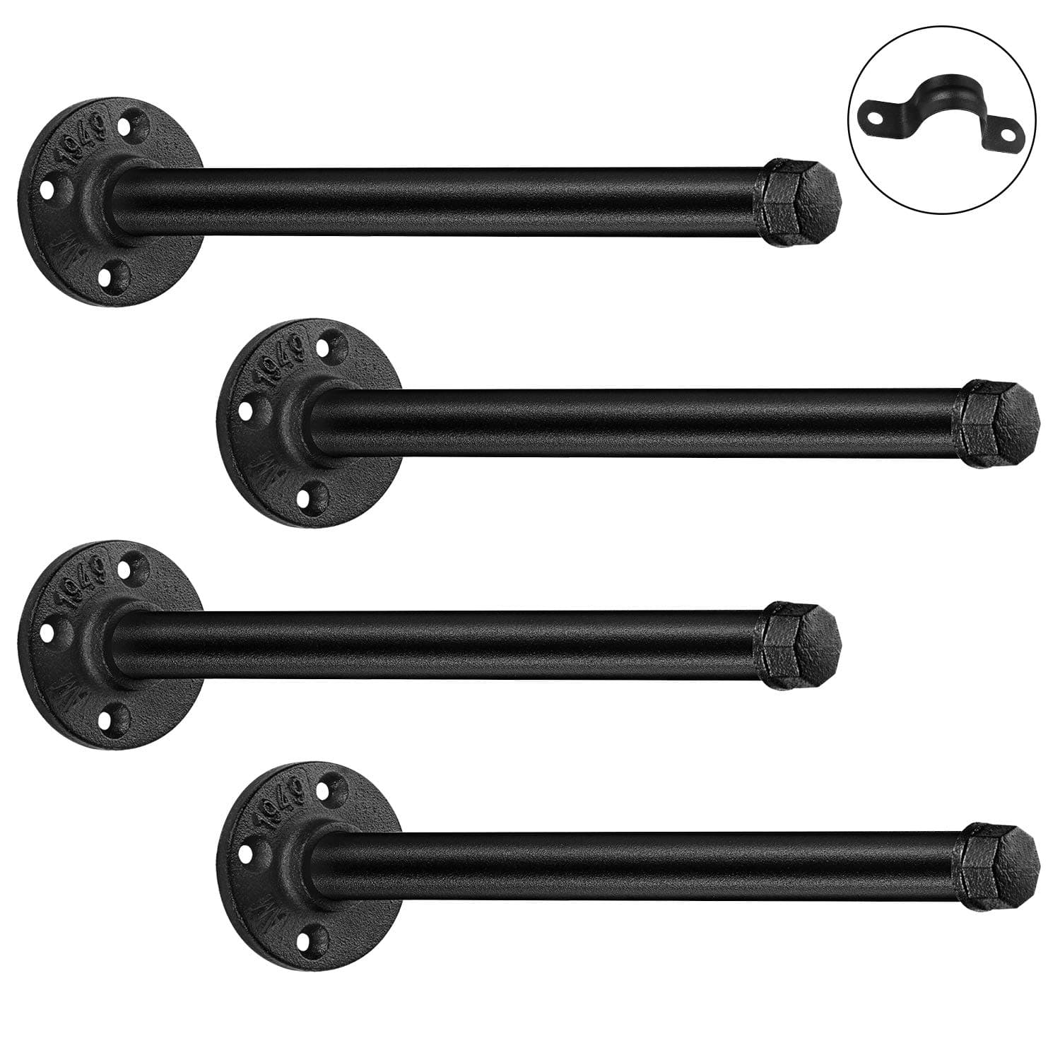 12 inch Industrial Black Iron Pipe Shelf Brackets Set of 4 - Rustic Wall Mounted DIY Shelving Brackets Hanging Custom Pipe Brackets for Floating Shelves