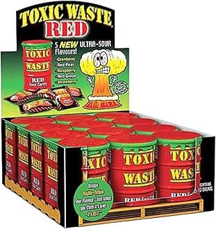 Toxic Waste Drums Hazardously Sour Candy Sweets - 12x Drums: 5 Sour Flavours Red Drums: Pear, Cranberry, Raspberry, Grape and Strawberry