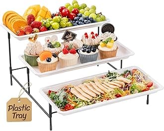 Lifewit 3 Tier Serving Tray for Party Supplies, 14 x 6.5" Plastic Platters for Food, White Reusable Trays with Black Metal Display Stand for Buffets, Cake, Snack, Veggie, Fruit, Cookies, Dessert