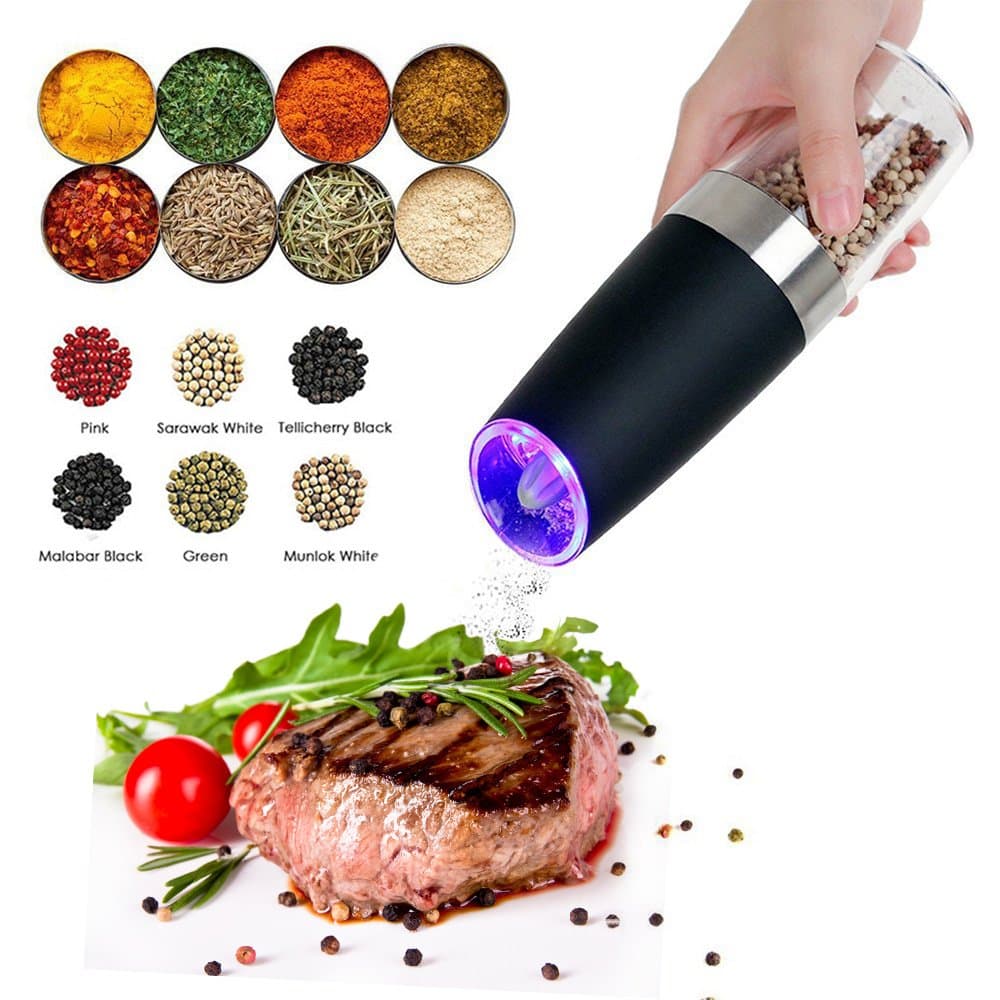 Gravity Electric Salt and Pepper Grinder,HanDingSM Battery Powered Pepper Mill and Salt Mill with Adjustable Grind Coarseness,Automatic Salt and Pepper Shakers with Blue LED Light