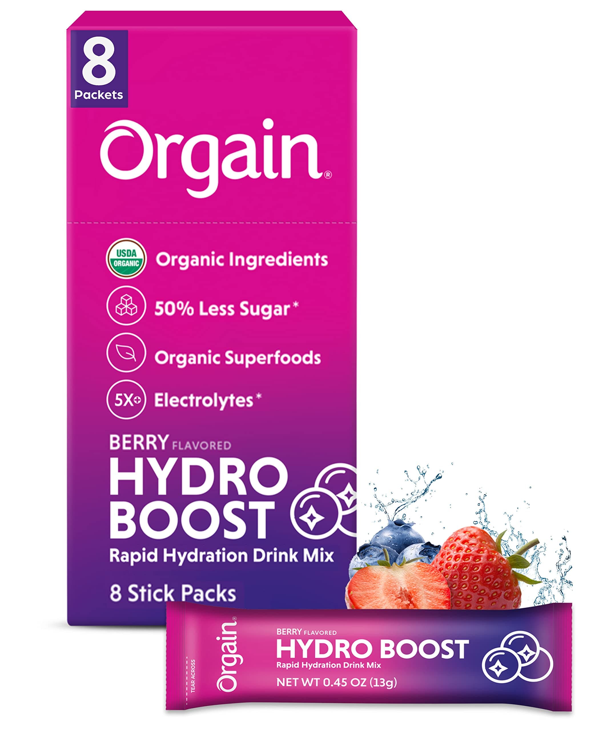Orgain Organic Hydration Packets, Electrolytes Powder - Berry Hydro Boost with Superfoods, Vegan, Gluten-Free, No Soy Ingredients, Non-GMO, Less Sugar than Sports Drinks, 8 Count