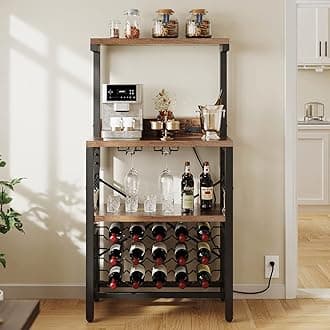 YITAHOME Kitchen Microwave Bakers Stand with Wine Rack, Wine Rack Freestanding Floor Small Storage Shelves for Liquor Bottle Glasses Power Outlet Farmhouse Coffee Bar 31 Inch, Rustic Brown
