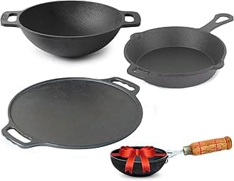 - Pre-Seasoned Cast Iron Cookware Set+ Free Tadka Pan|Tawa (30.5 Cm)+ Kadai (25.4 Cm/2.3L)+ Fry Pan (23 Cm/1.4L)|Kitchen Cooking Combo Pots & Pans Set of 4Pcs|Naturally Nonstick Black