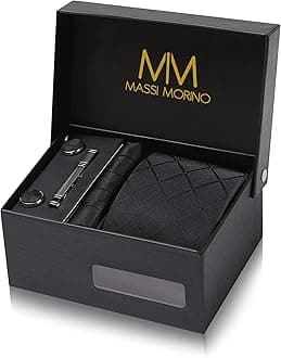 Massi Morino Men's Tie Set with Pocket Square, Cufflinks, Clip and Gift Box for Wedding