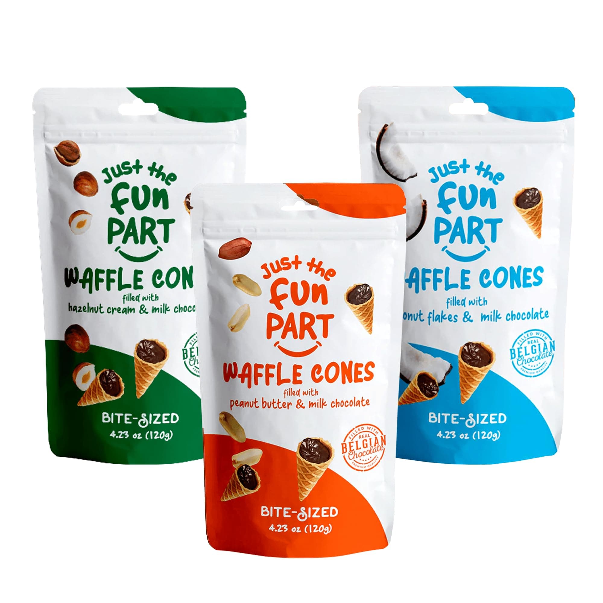Just The Fun Part Belgian Crispy Mini Waffle Cones, Kosher, Variety 3 Pack Bundle, 4.23 Ounces (Hazelnut Cream, Peanut Butter, Coconut Flakes)