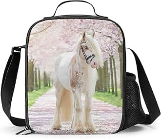 White Horse Lunch Box - Insulated Lunch Box for Kids with Side Pocket & Shoulder Strap Lunch Bag, Perfect for School/Camping/Hiking/Picnic/Beach/Travel