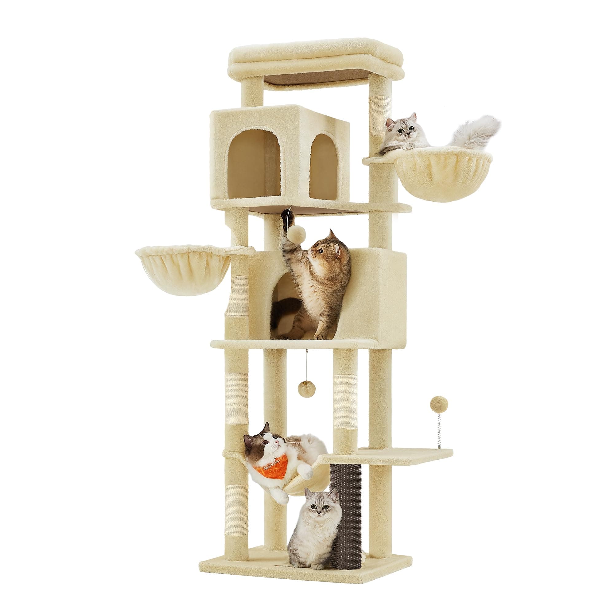 Feandrea Cat Tree, 69-Inch Tall Cat Tower, Multi-Level Plush Condo with 2 Caves, 2 Baskets, 5 Scratching Posts, Self-Groomer, Perch, Hammock, Sand Beige UPCT182Y01