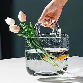 Glass Vase with Elegant Purse Design, Hand Purse vase with Fish Bowl, Unique Flower Vase with Handle and Bubbles - for Home Decor/Office/Garden/Wedding Decor/Enterpiece/Events(Transparent)