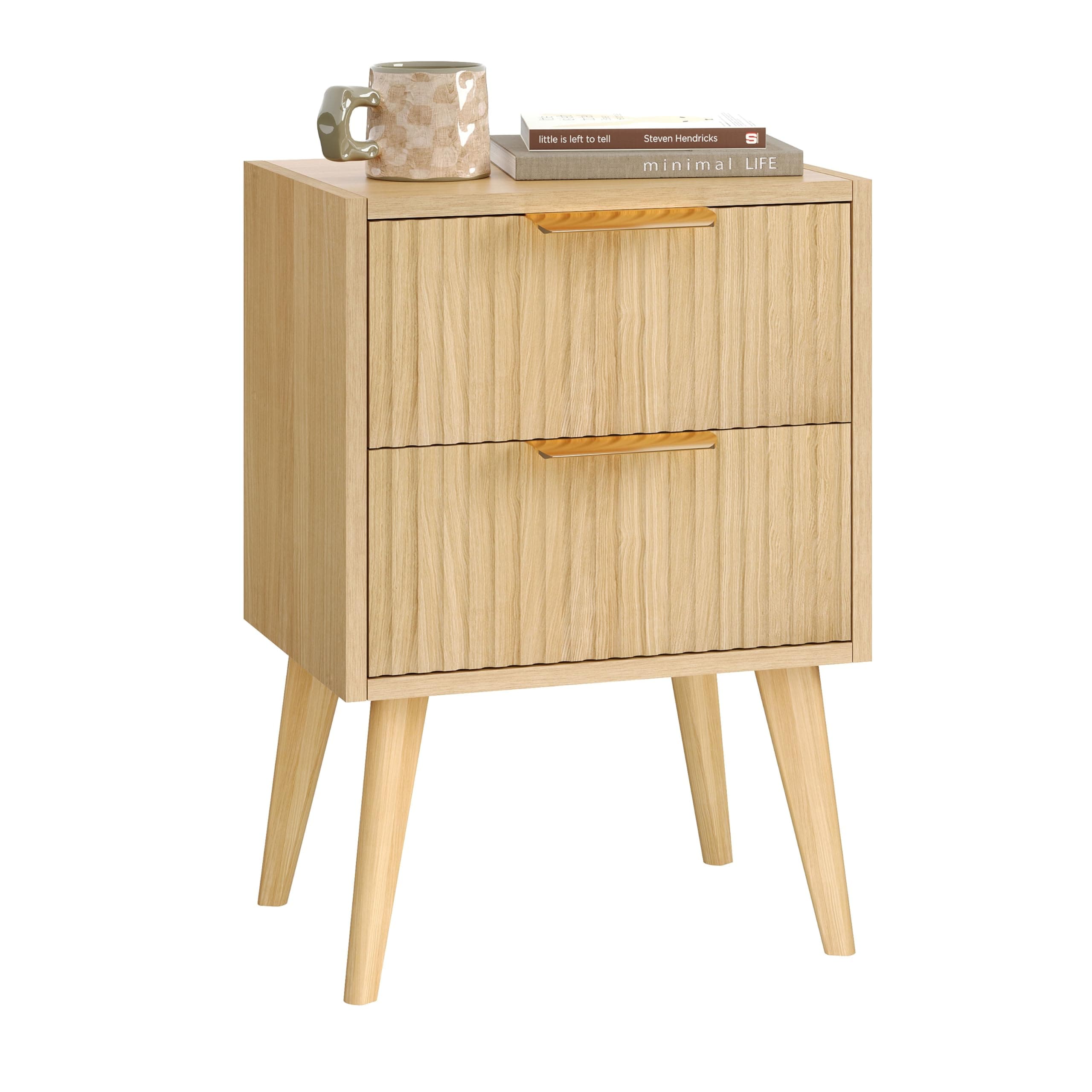 Fluted Nightstand with 2 Drawers,Modern Bedside Table with Metal Handles,White Side Table with Solid Wood Legs,Mid Century End Table for Living Room,Bedroom,Natural CTG55Y