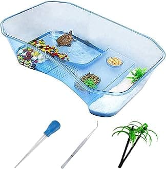 Plastic Turtle Tank Reptile Habitat Pet Terrariums Turtles Tank Aquarium Terrapin Topper Basking with Platform Plants,Durable,Safe, Non-Toxic(Blue)