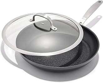 OXO Enhanced 12" Frying Pan Skillet with Glass Lid, PFAS-Free Ceramic Nonstick, Durable Hard Anodized, Scratch Resistant, Stainless Steel Handle Good Grip, Dishwasher Safe, Oven Safe, Black