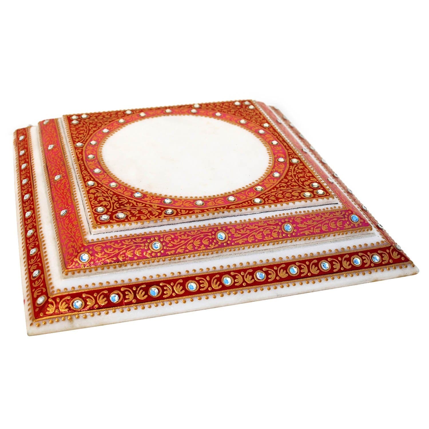 Handicrafts Paradise Marble Decorative Step Chowki with Kundans