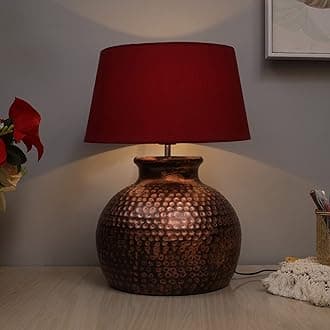 Homesake Antique Hammered Table Incandescent Lamp Oil-Rubbed Bronze Metal Linen Drum Shade For Living Room Family Bedroom, (Pot, Red)