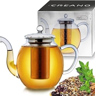 Creano Glass teapot 34oz (1000ml), Tea Maker with Integrated Stainless Steel Strainer and Glass lid, Ideal for preparing Loose teas, drip-Free, All-in-one
