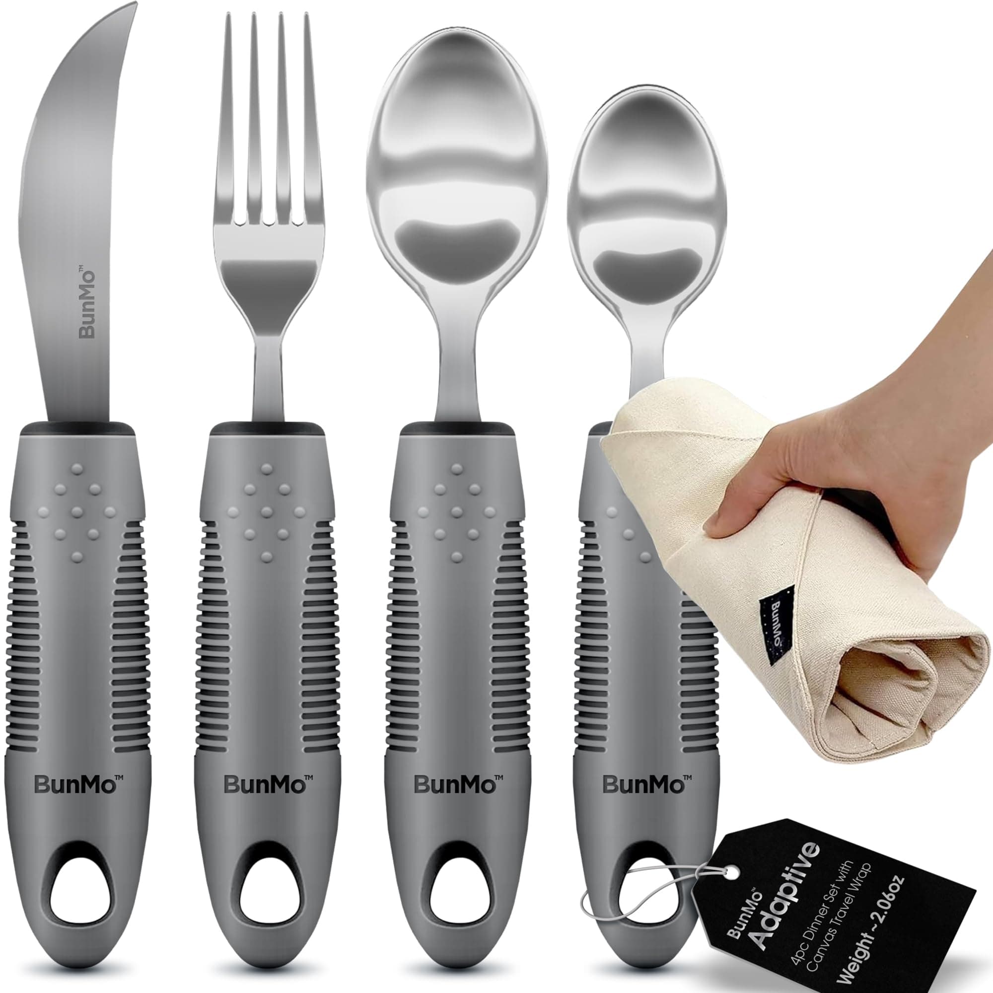Adaptive Utensils for Elderly, Tremors & Weak Hand Grips – 4pc Lightweight Assistive Silverware Set with Foam Easy Grip Handles – Discreet Canvas Travel Wrap – Dishwasher Safe