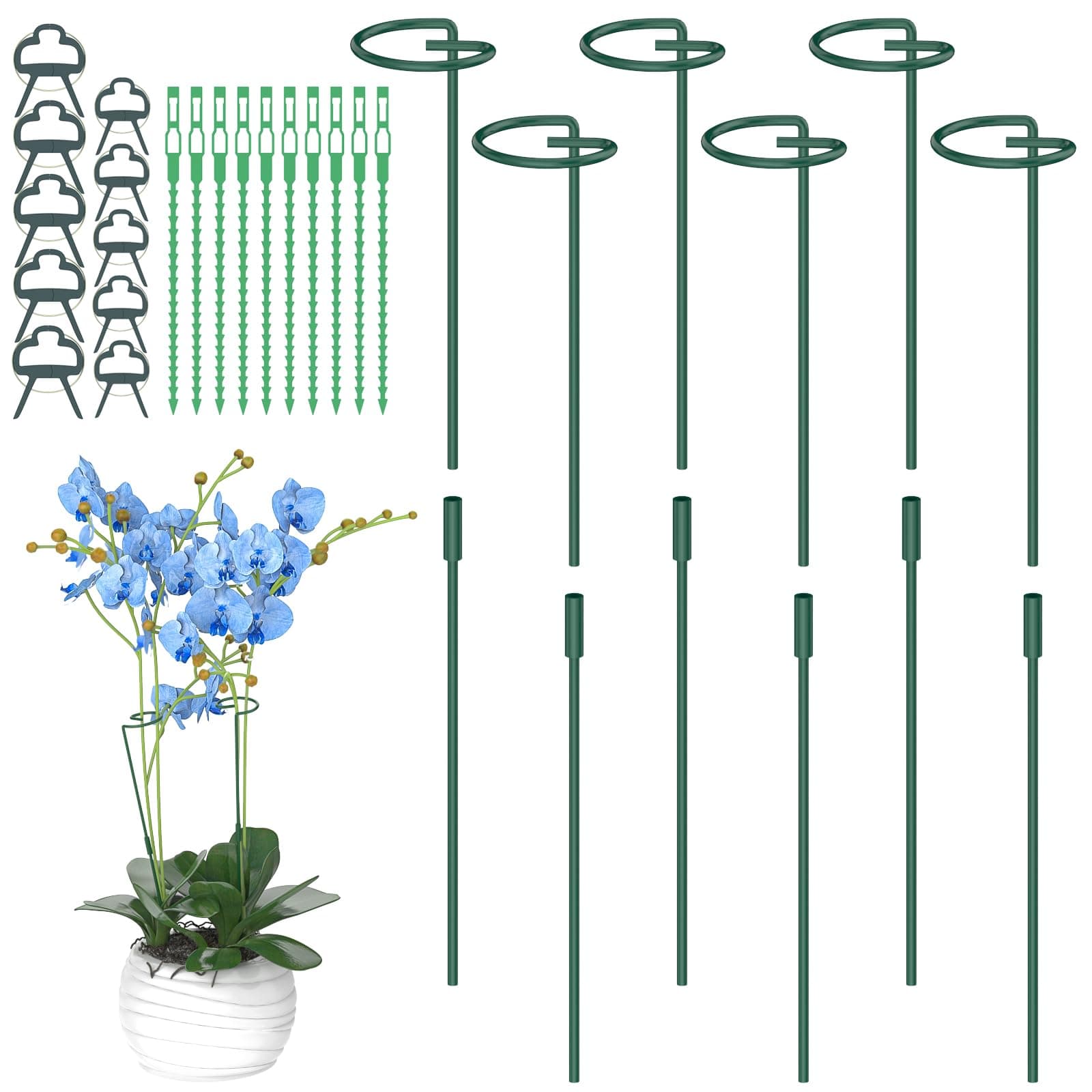 6Pcs Plant Support Stakes, 30cm, 60cm,90cm Adjustable Garden Single Stem Metal Plant Support Rings, with 10 Orchid Clips and Twistties for Peonies Tomatos