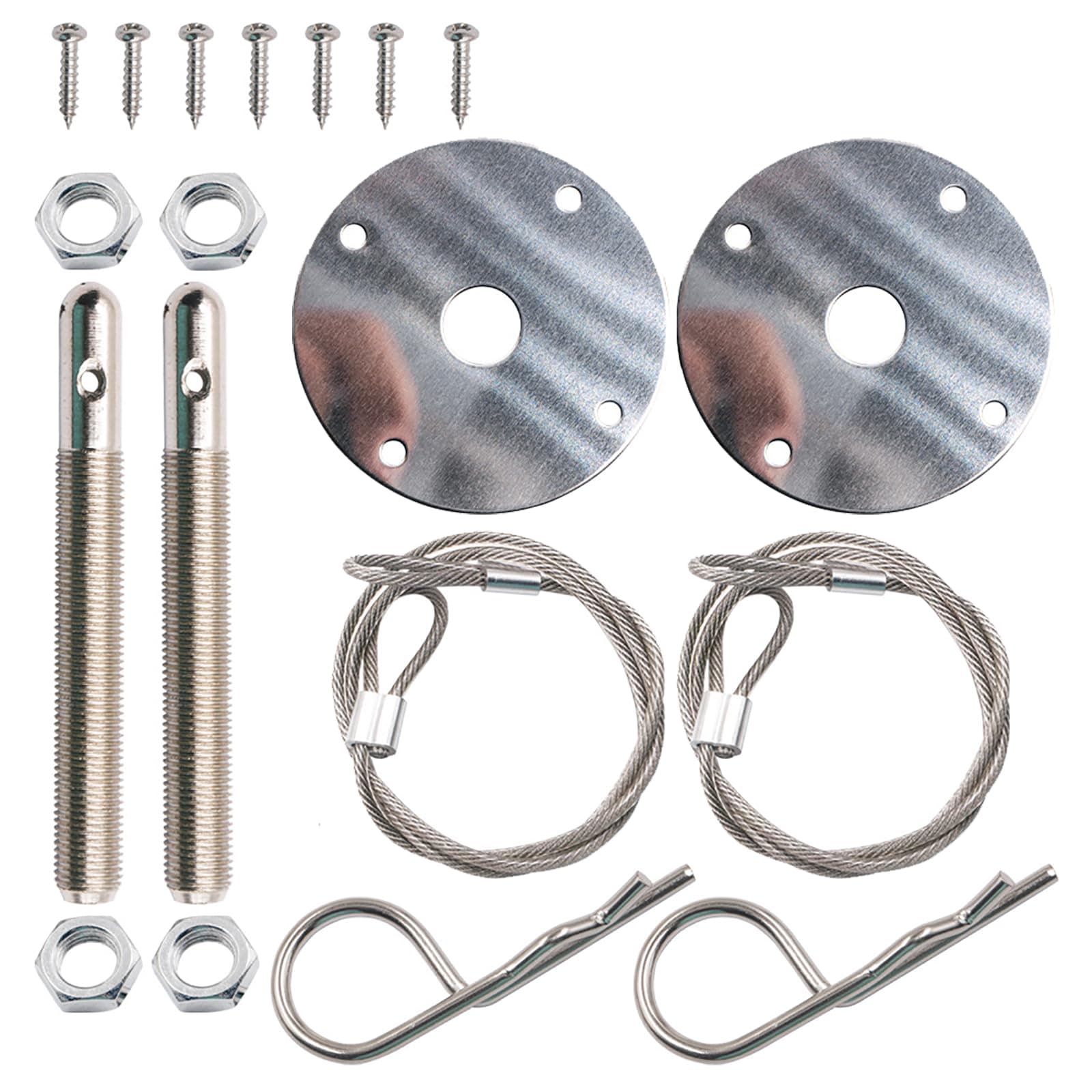 2 PCS Hood Pins, Engine Hood Lock Shock-Absorbing Hardware Fixer Set, Stainless Steel Anti-Rust Accessories with Racing Lanyard Hook Nut Screw, Universal for Most Cars Repair Tool (Silver)