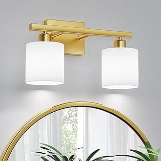 PARTPHONER Bathroom Light Fixtures, Bathroom Lighting Fixtures Over Mirror, Interior Classic Vanity Lights, Modern Vanity Light with Textured White Glass Shade, Brushed Gold, 2-Light