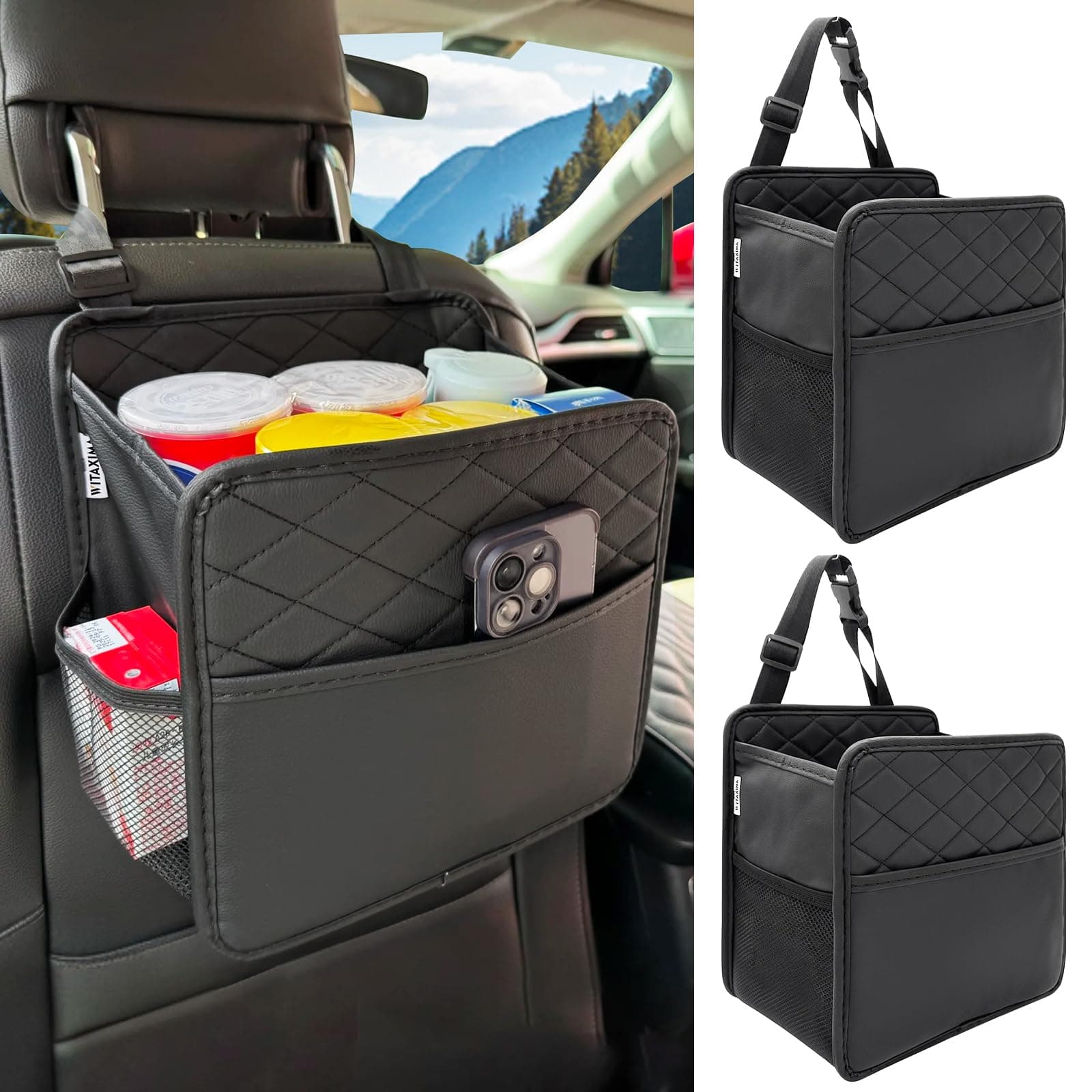 2 Pack Upgraded Car Seat Organizer Backseat with Storage Pockets, Multipurpose Car Organizer Hanging Car Trash Bag Premium PU Leather Garbage Can 2.14 Gallon Large Capacity Accessories Black