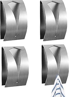 4 Pcs Self Adhesive Tea Towel Holder - Stainless Steel Stick on Hooks, Push and Grip Wall Hooks for Kitchen and Bathroom Hand Dish Hanger (Silver)