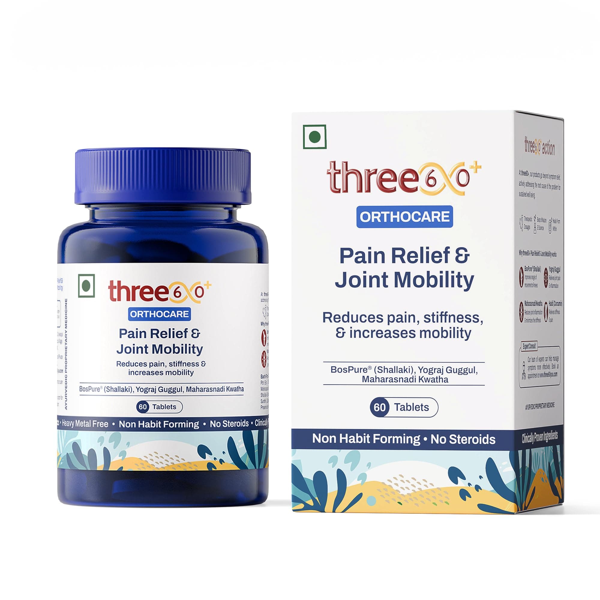 - three60+ PAIN RELIEF & JOINT MOBILITY tablets | Reduces Joint Pain & Stiffness | Improves Flexibility | BosPure, Yograj Guggul, Maharasnadi Kwatha, Curcumin | Non-Habit Forming | 60 Tablets (Pack of 1)