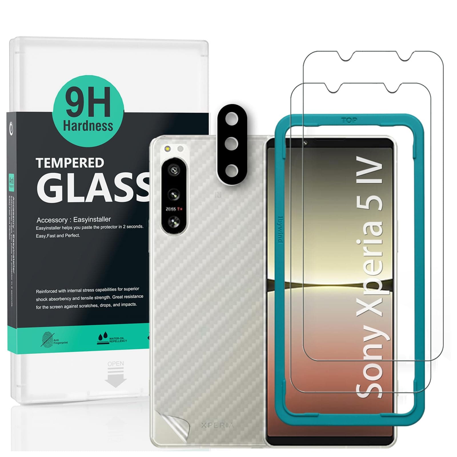 Ibywind Screen Protector For Sony Xperia 5 IV 5G(6.1 Inches),with 2Pcs Tempered Glass,1Pc Camera Lens Protector,1Pc Backing Carbon Fiber Film[Fingerprint Reader,Easy to install]