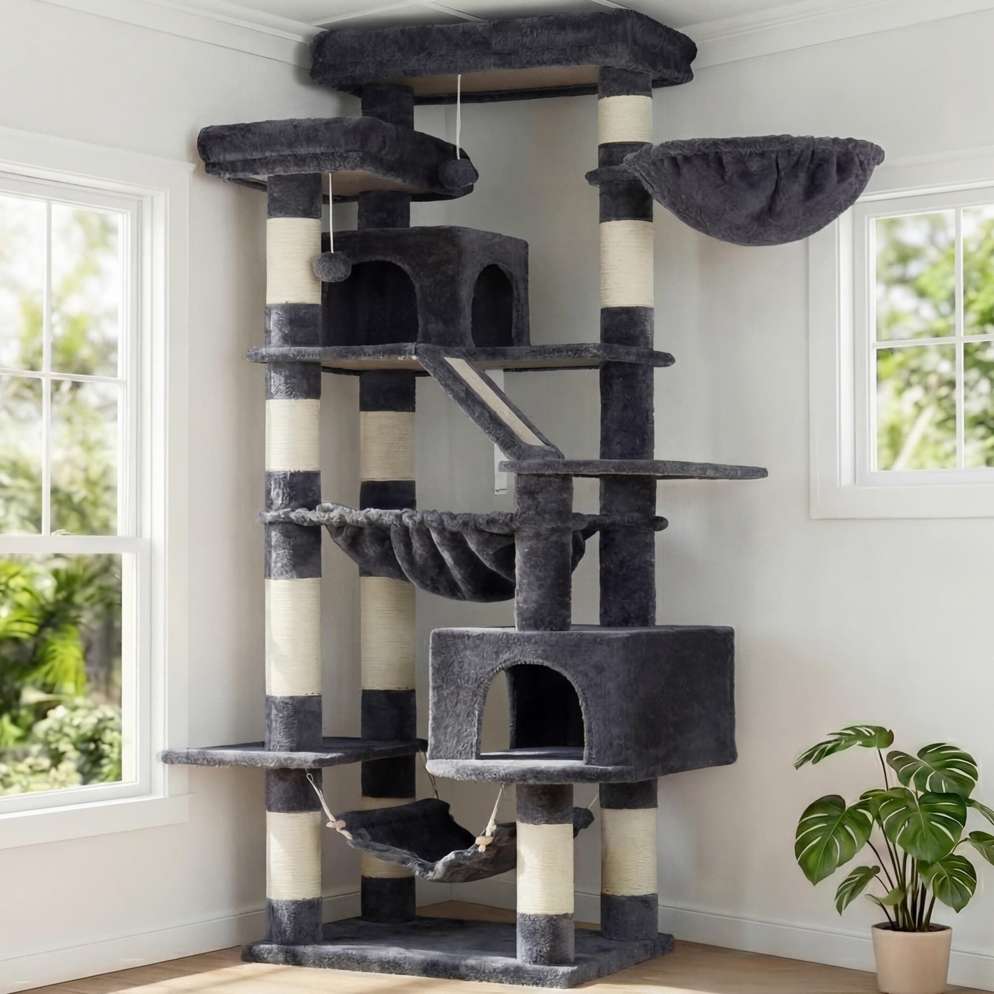 Heybly Cat Tree,71-Inch Tall Tower for Indoor Cats with 2 Perches, 2 Big Condos, 2 Hammocks, Basket, Scratching Pad,Large Cat Furniture and Condo, Smoky Gray HCT034G