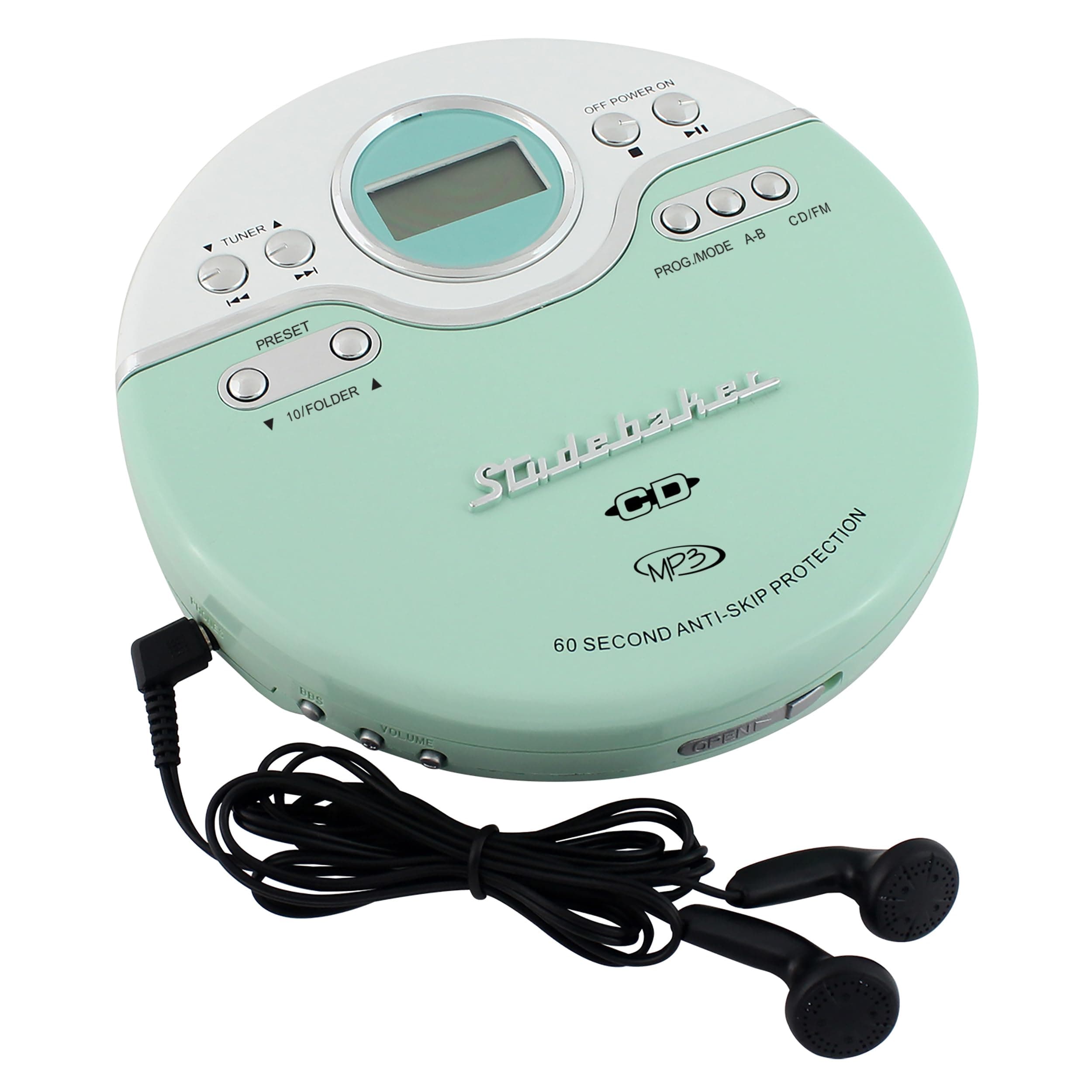 Studebaker SB3703MW Joggable Personal CD/MP3 Player with Audio Book Compatibility, Bookmark Feature and FM PLL Radio - Mint/White