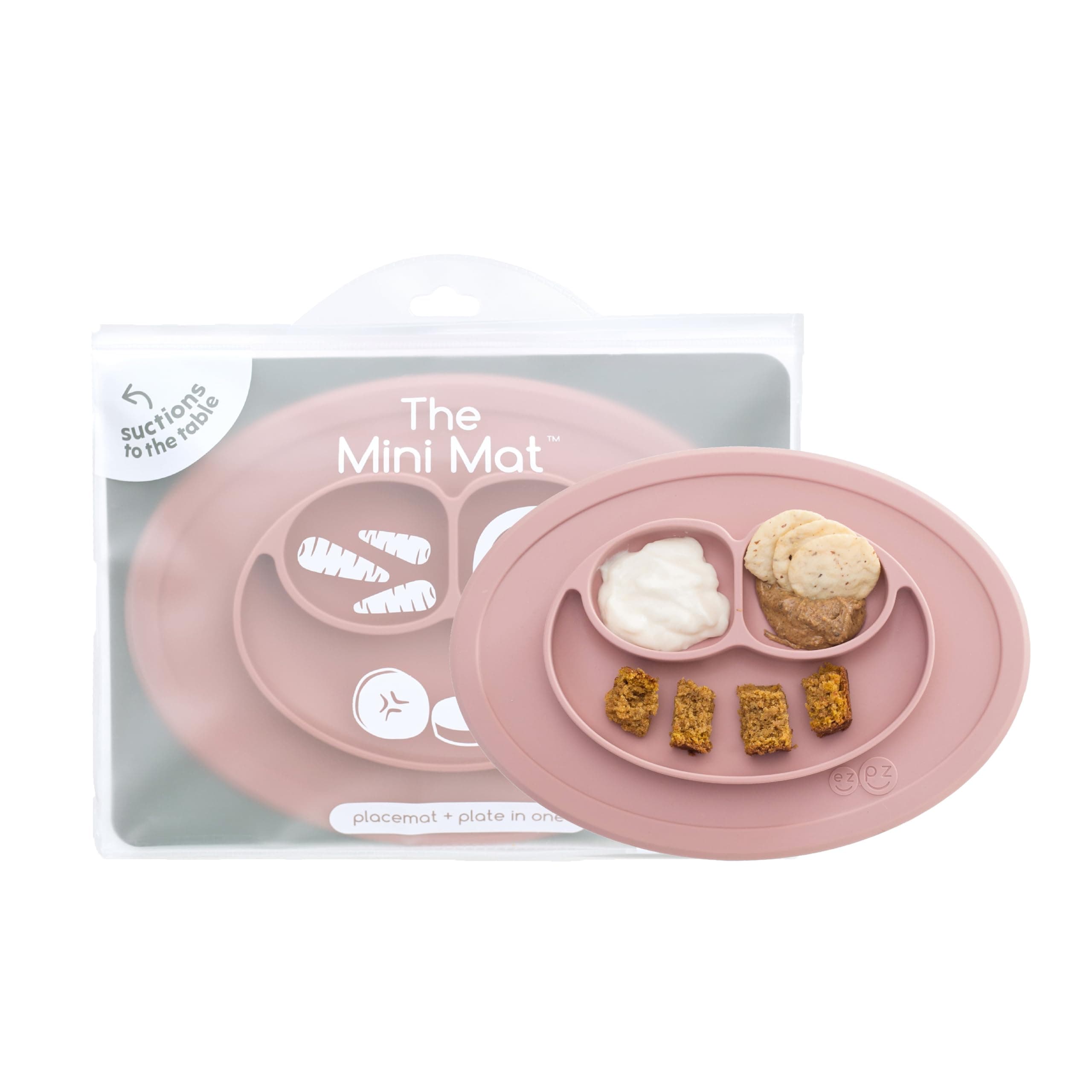 Mini Mat (Blush) - 6 -12 Months+ - 100% Silicone Suction Placemat + Divided Plate with Three Compartments - Supports Baby-Led Weaning - Designed for Highchair, Table, and Travel