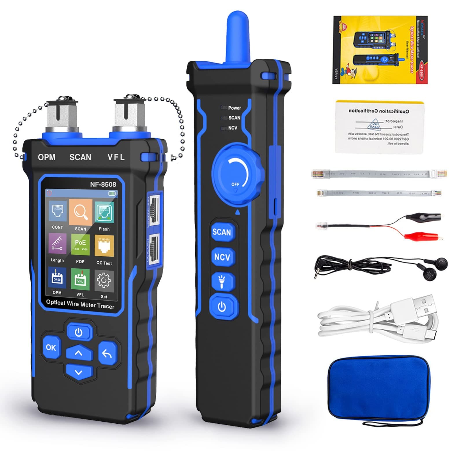 Network Cable Tester with Optical Power Meter PoE Multi-Function, Wire Tracker RJ11 RJ45 LAN Cable Toner Cat5 Cat6 Ethernet Cable Tracer with NCV, Port Flash, Support Type-C Charging, A