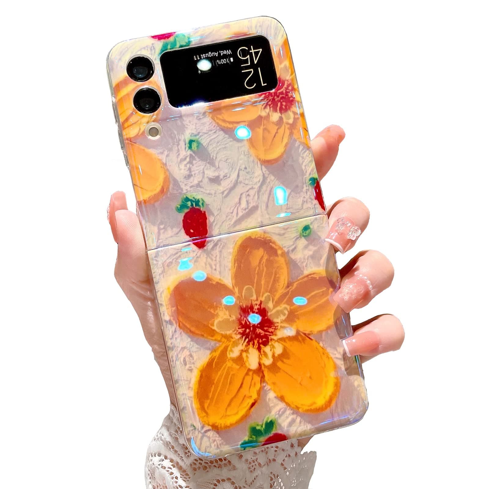 Omio Compatible with Samsung Galaxy Z Flip 4 Case Cute, Luxury Ultra Thin Blu-ray Case IMD Flower Hard PC Back Soft TPU Bumper Shockproof Floral Case for Galaxy Z Flip 4 5G Women Girls, Orange