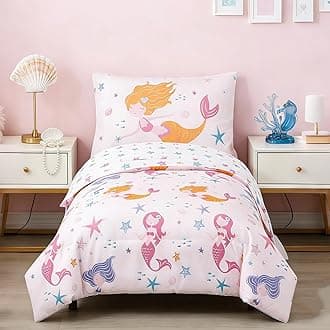 Toddler Bedding Sets Girls 4 Pieces Pink Mermaid Toddler Bed in A Bag Soft Reversible Blush Toddler Bed Set Include Comforter, Flat Sheet, Fitted Sheet, Pillowcase