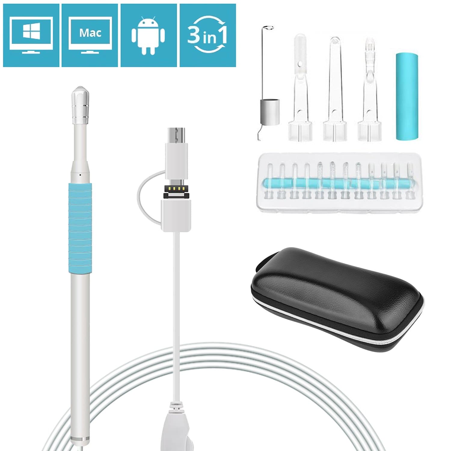 Visual Ear Cleaner Digital Otoscope 3 in 1 USB Borescope Earwax Remover Endoscope with 1.3 Megapixels Inspection Camera 6 Adjustable LEDs for Micro USB, USB-C Android, Windows/MAC PC 6.5ft Blue