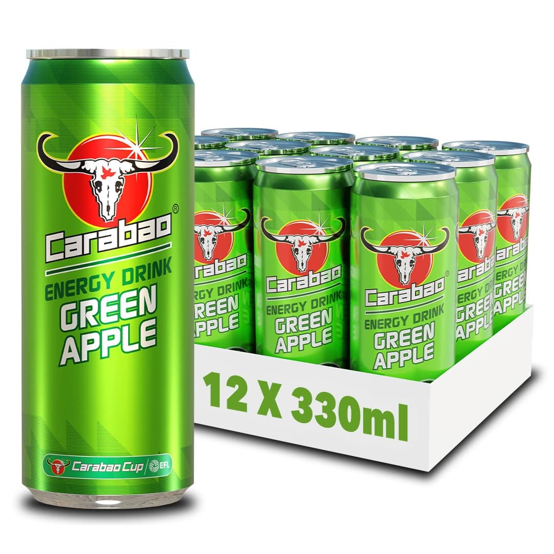 Carabao Energy Drink Green Apple, 12 x 330ml Cans Case, Low Calorie, Lower Sugar, Fizzy Fruit Flavour, Vegan, Gluten Free Drink. B Vitamins, Taurine, Caffeine with Zero Crash, Bulk Crates, Multipack