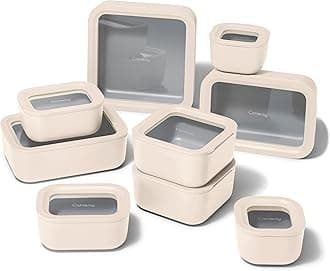 22pc Glass Food Storage Set - Storage Containers for Food - Non-Toxic Ceramic-Coated Glass - Air Release Technology - Compact & Stackable Design - Cream