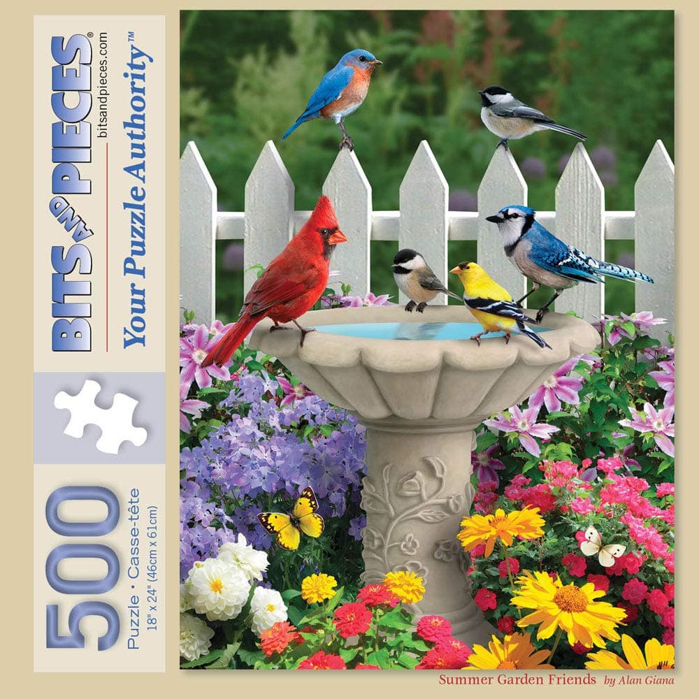 Bits and Pieces – 500 Piece Jigsaw Puzzle for Adults – Summer Garden Friends - Bird Bath Flower Fence Yard Outdoor Animal Jigsaw Puzzle by Artist Alan Giana, Completed Puzzle Size: 18" x 24"
