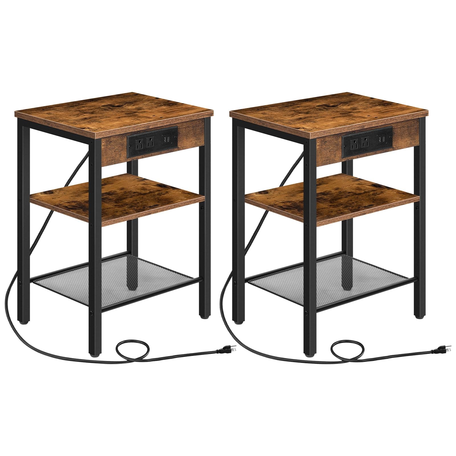 HOOBRO Side Tables Set of 2 with Charging Station and USB Port, Small End Tables for Small Space, 3-Tier Nightstands with Adjustable Shelf, for Living Room, Bedroom, Rustic Brown BF112BZP201