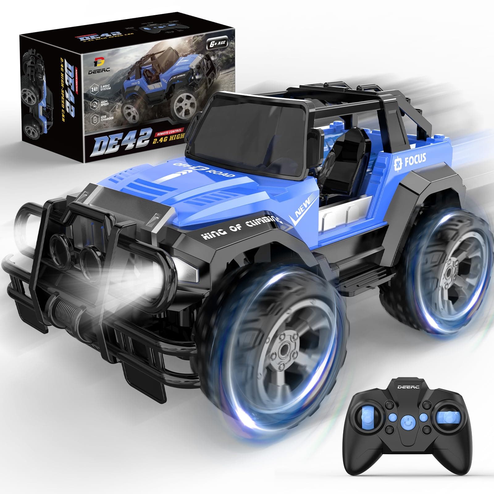 DEERC DE42 Remote Control Car RC Racing Cars,1:18 Scale 80 Min Play 2.4Ghz LED Light Auto Mode Off Road RC Trucks with Storage Case,All Terrain SUV Cars Toys Gifts for Boys Kids Girls Teens,Blue