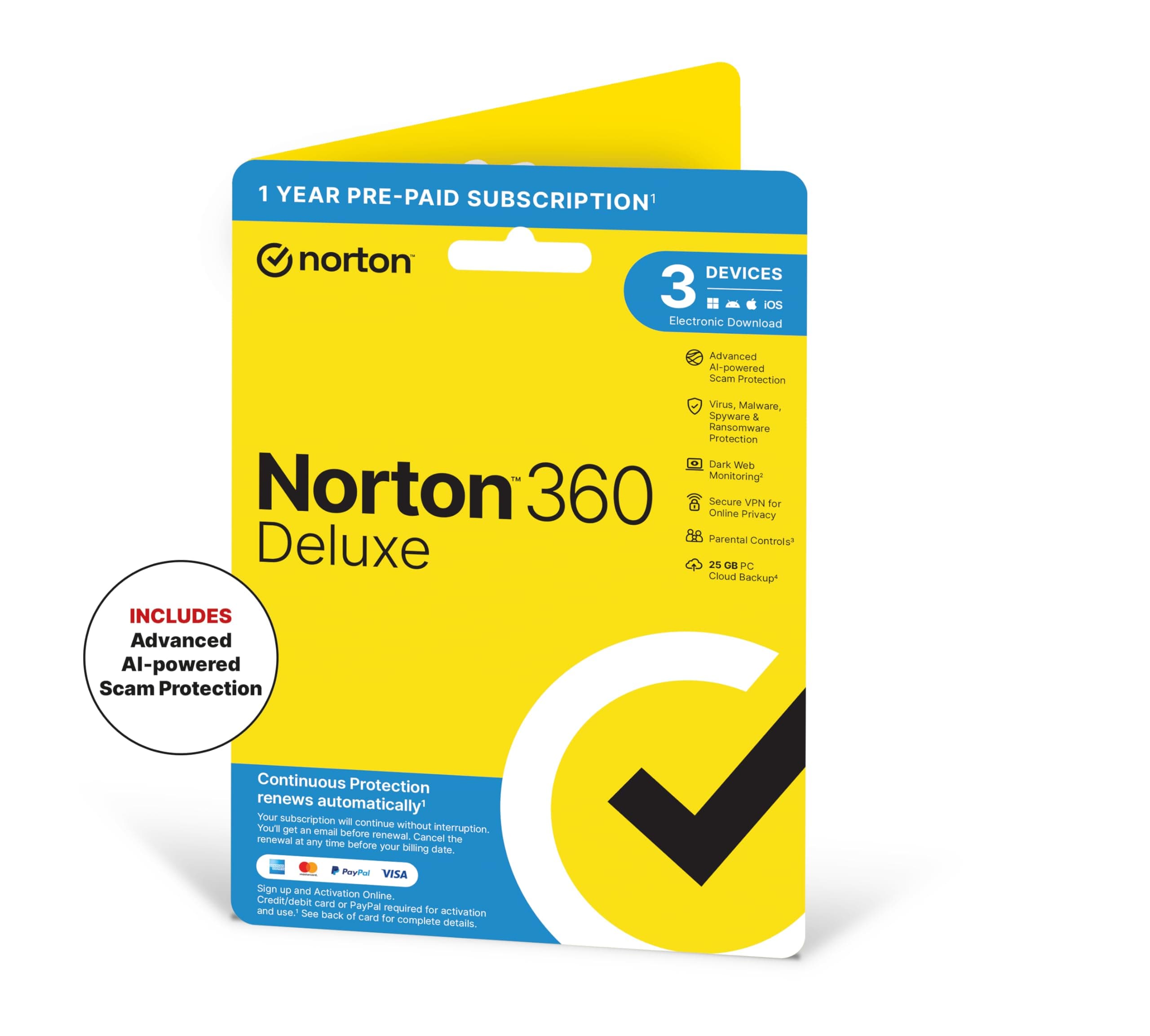 Norton 360 Deluxe 2026, Antivirus software for 3 Devices and 1-year subscription with automatic renewal, Includes Secure VPN and Password Manager, PC/Mac/iOS/Android, Activation Code by Post