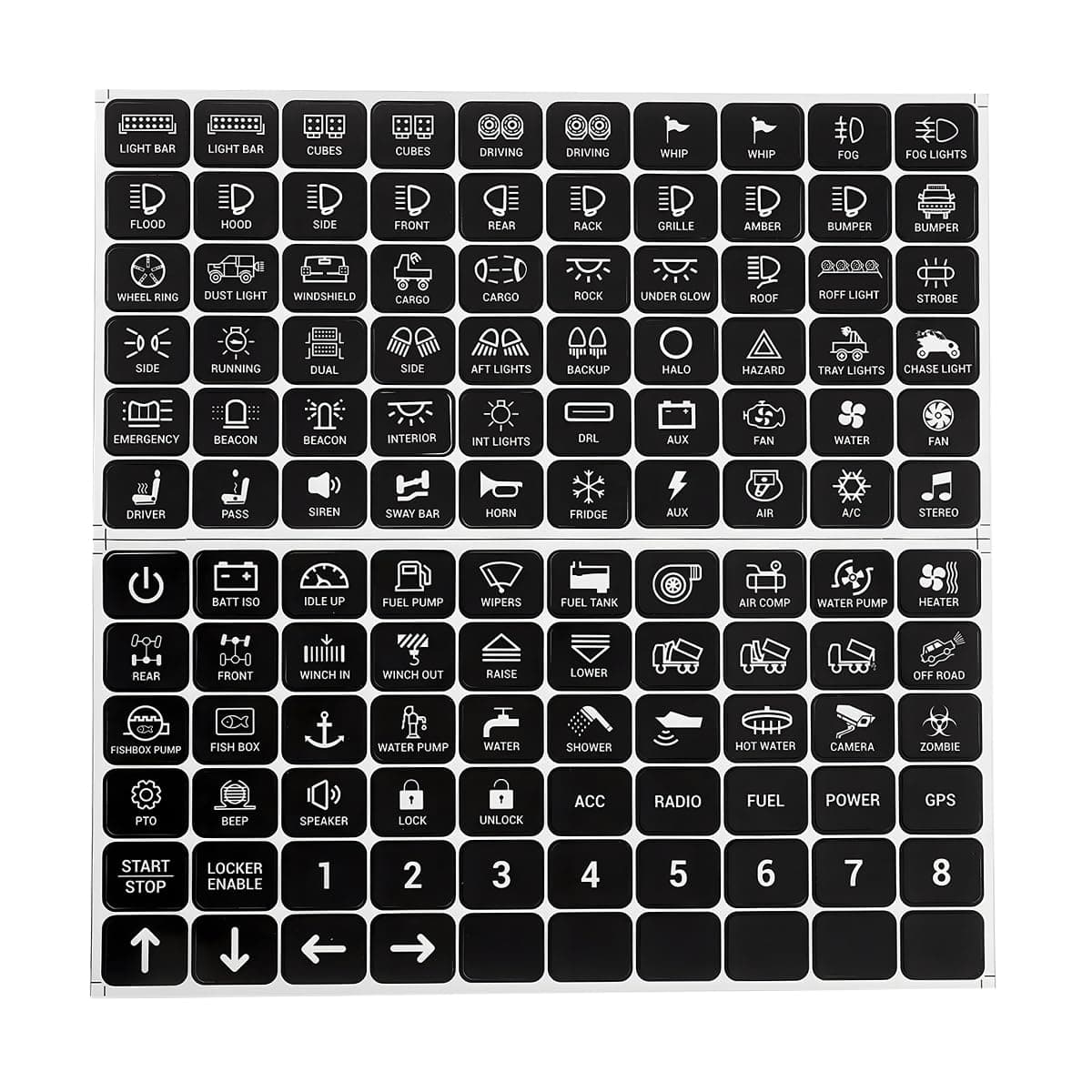 BESULEN 120PCS Car Switch Panel Sticker, Vehicle 6/8/12 Gang Switch Panel Control Label Decal for RA80 XL RB80 XL AR-600 AC-1200, Text Sticker for Dashboard, Universal for SUV, Truck, RV