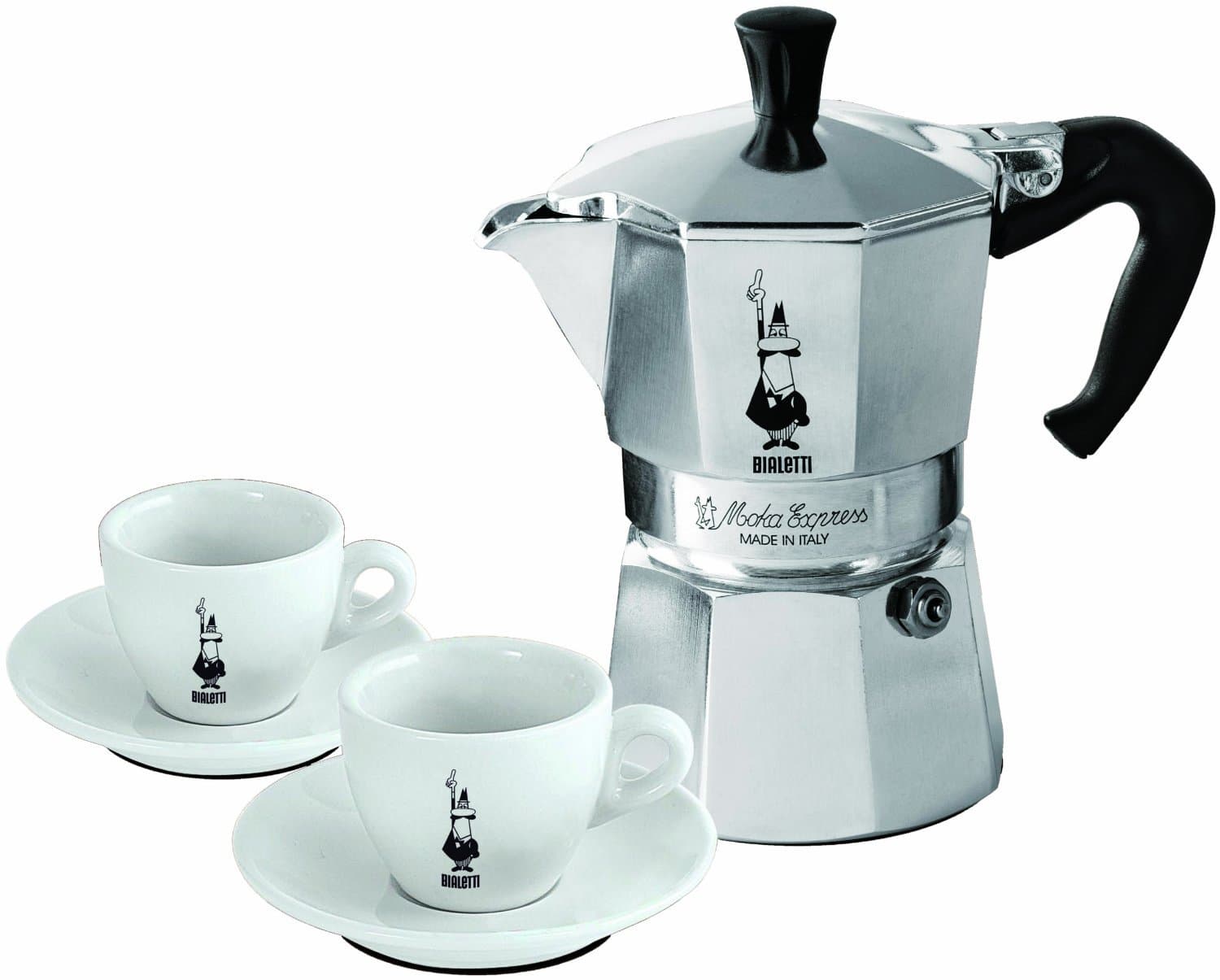 Bialetti: Set Moka Express (1 Moka Express 3-Cups + 2 Bialetti Coffee Cups with Saucers) [ Italian Import ]